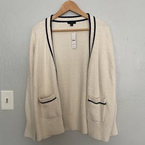 Cream JCrew boucle cardigan with a navy stripe